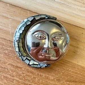 Vintage Liz Claiborne Moon Face Abalone Chip Crescent Brooch Pin